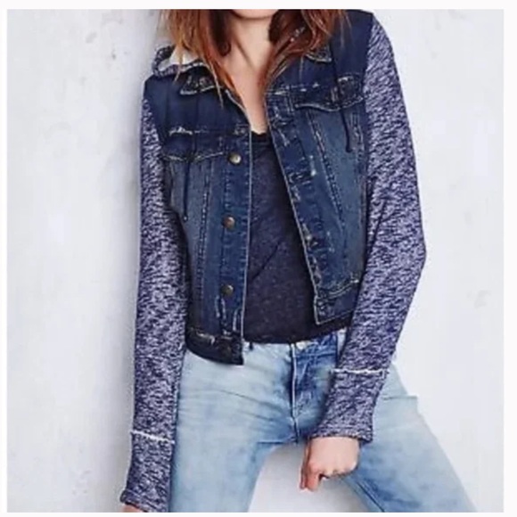 Free People Distressed Knit Denim Jacket - Picture 2 of 11